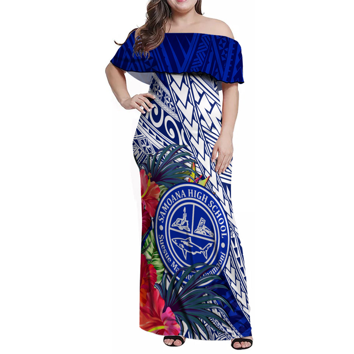 Personalised Samoana High School Family Matching Off Shoulder Maxi Dress and Hawaiian Shirt American Samoa Schools Polynesian Tropical Flowers - Wonder Print Shop