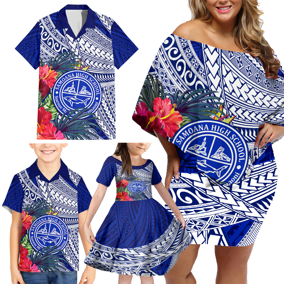 Personalised Samoana High School Family Matching Off Shoulder Short Dress and Hawaiian Shirt American Samoa Schools Polynesian Tropical Flowers - Wonder Print Shop