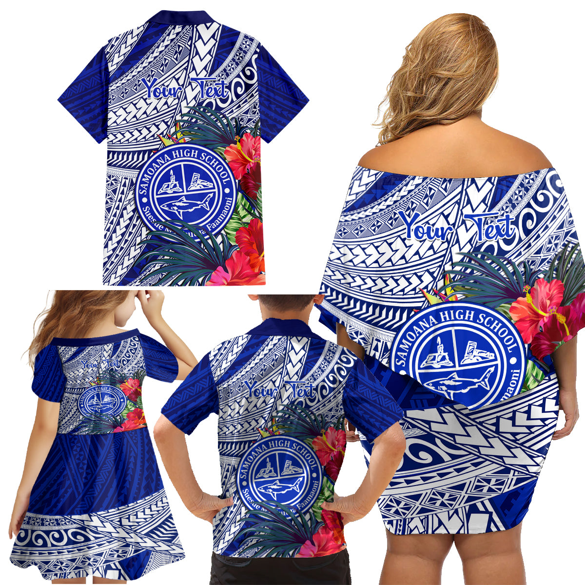 Personalised Samoana High School Family Matching Off Shoulder Short Dress and Hawaiian Shirt American Samoa Schools Polynesian Tropical Flowers - Wonder Print Shop