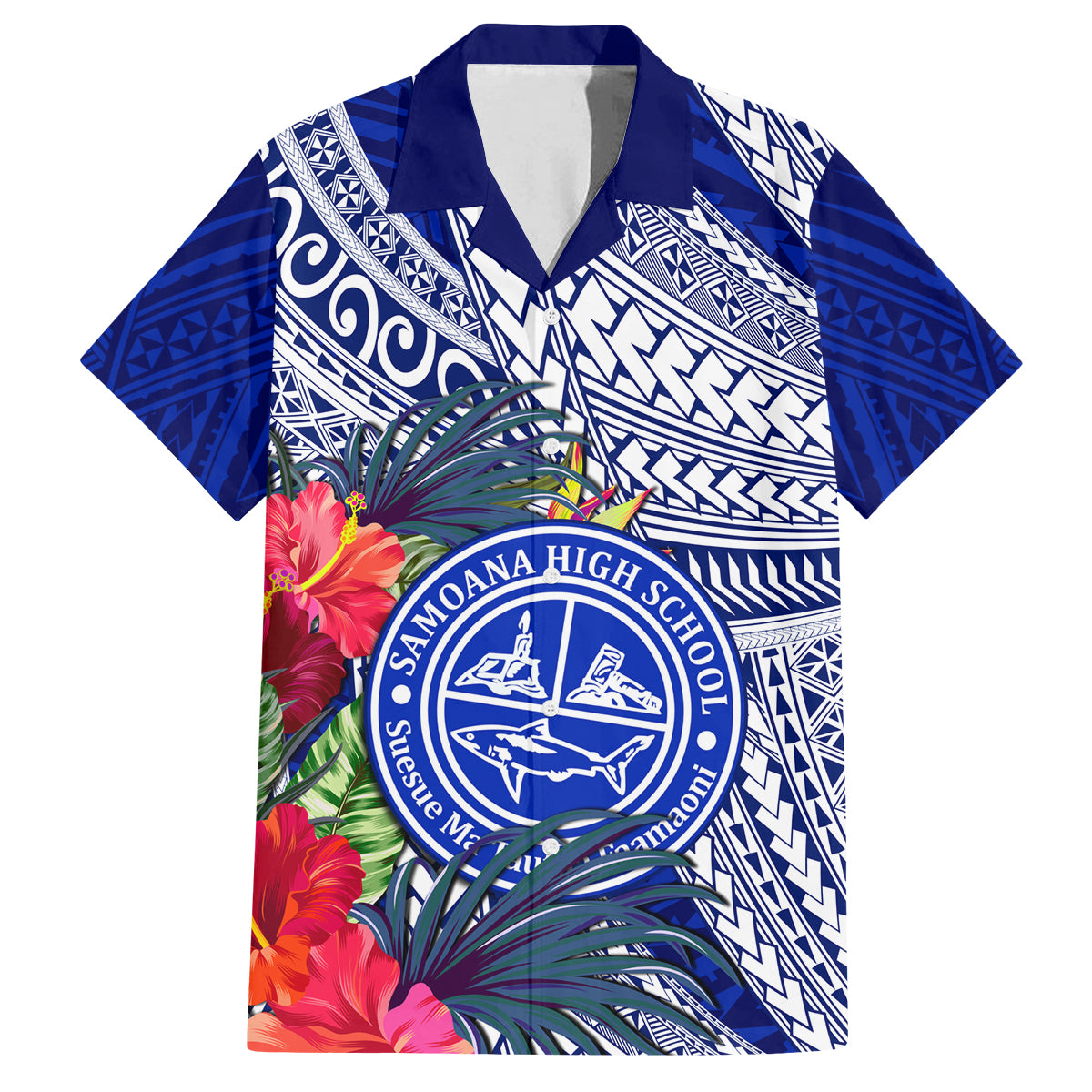 Personalised Samoana High School Family Matching Off Shoulder Short Dress and Hawaiian Shirt American Samoa Schools Polynesian Tropical Flowers - Wonder Print Shop