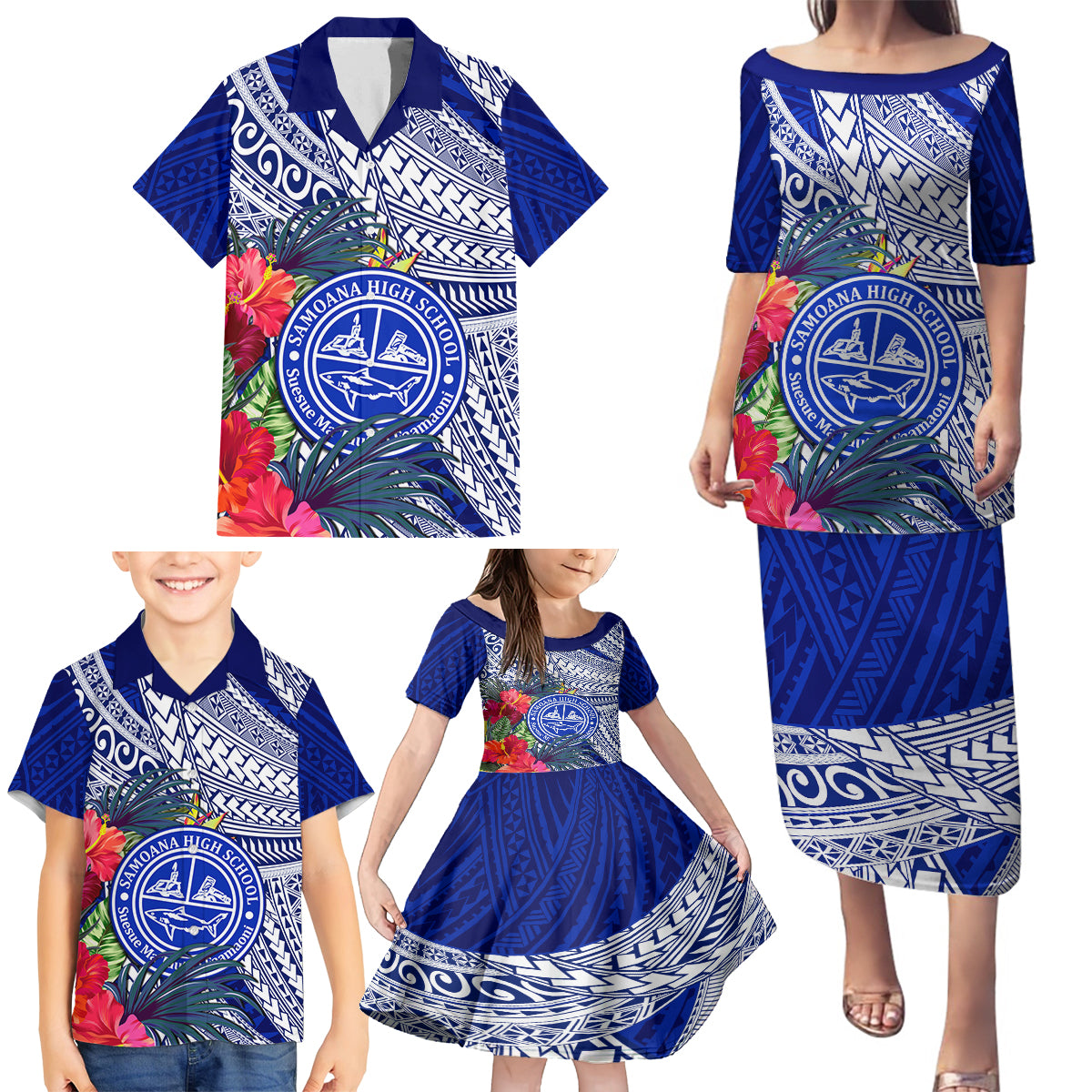 Personalised Samoana High School Family Matching Puletasi Dress and Hawaiian Shirt American Samoa Schools Polynesian Tropical Flowers - Wonder Print Shop