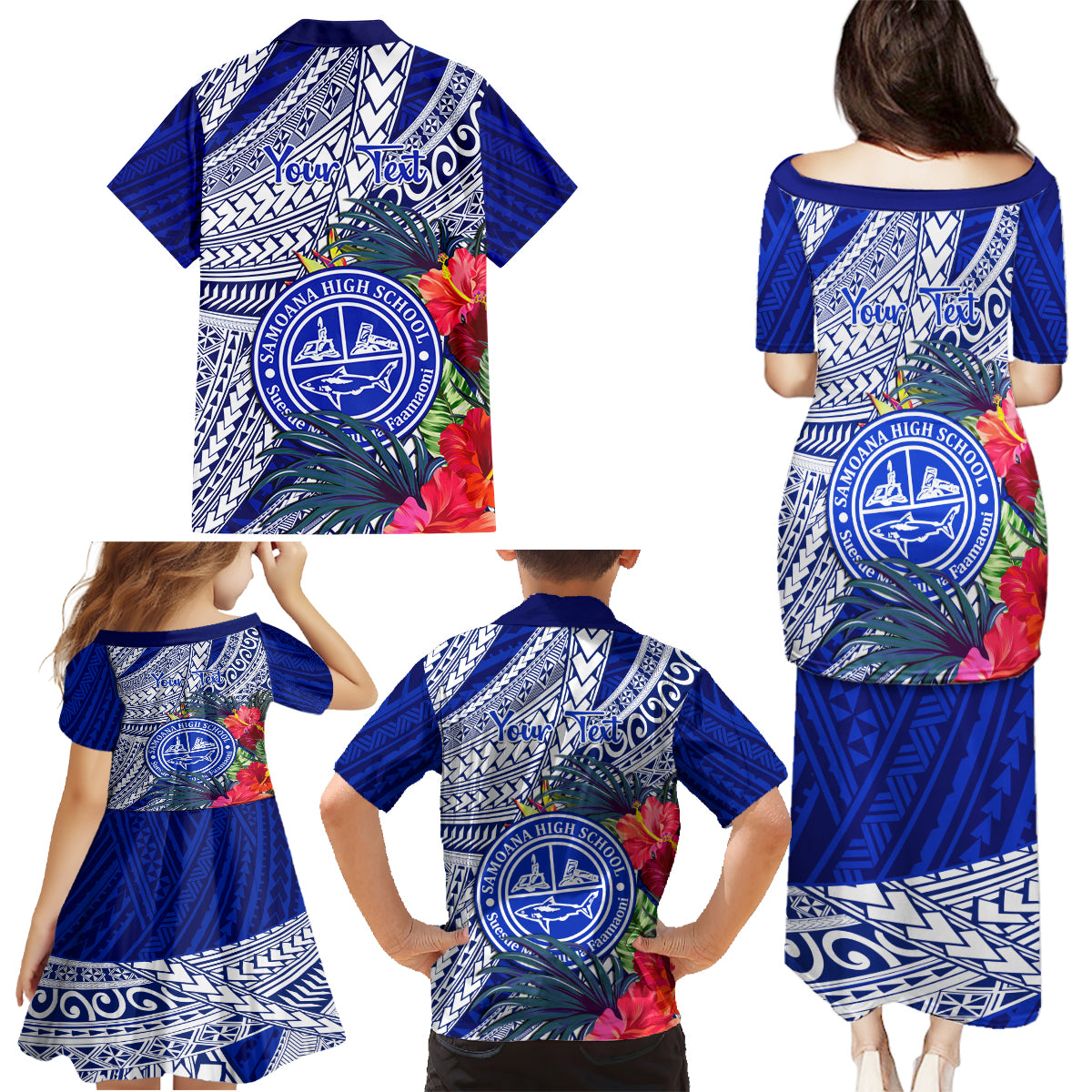 Personalised Samoana High School Family Matching Puletasi Dress and Hawaiian Shirt American Samoa Schools Polynesian Tropical Flowers - Wonder Print Shop