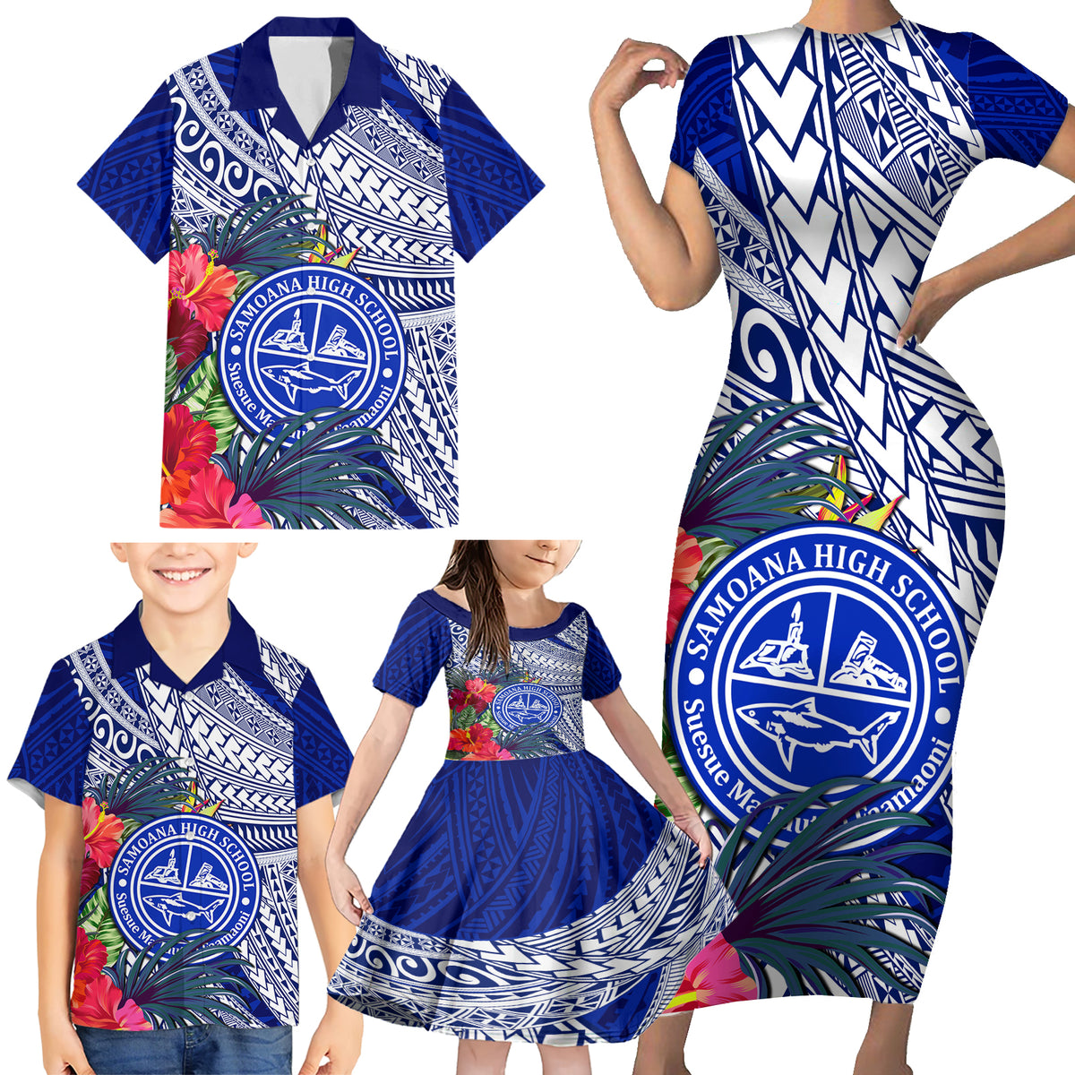 Personalised Samoana High School Family Matching Short Sleeve Bodycon Dress and Hawaiian Shirt American Samoa Schools Polynesian Tropical Flowers - Wonder Print Shop