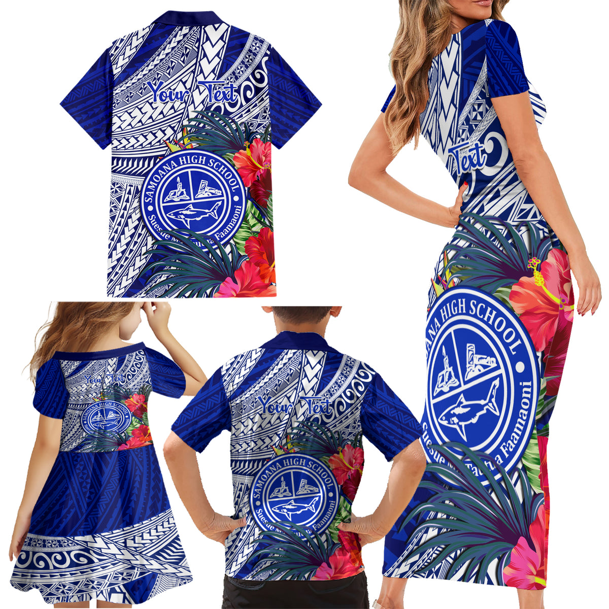 Personalised Samoana High School Family Matching Short Sleeve Bodycon Dress and Hawaiian Shirt American Samoa Schools Polynesian Tropical Flowers - Wonder Print Shop