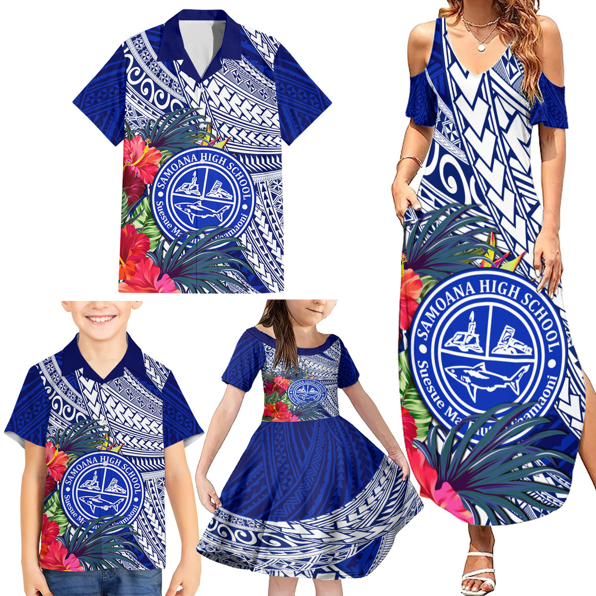 Personalised Samoana High School Family Matching Summer Maxi Dress and Hawaiian Shirt American Samoa Schools Polynesian Tropical Flowers - Wonder Print Shop
