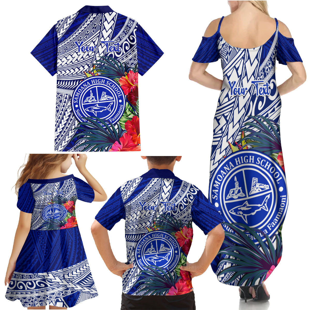 Personalised Samoana High School Family Matching Summer Maxi Dress and Hawaiian Shirt American Samoa Schools Polynesian Tropical Flowers - Wonder Print Shop