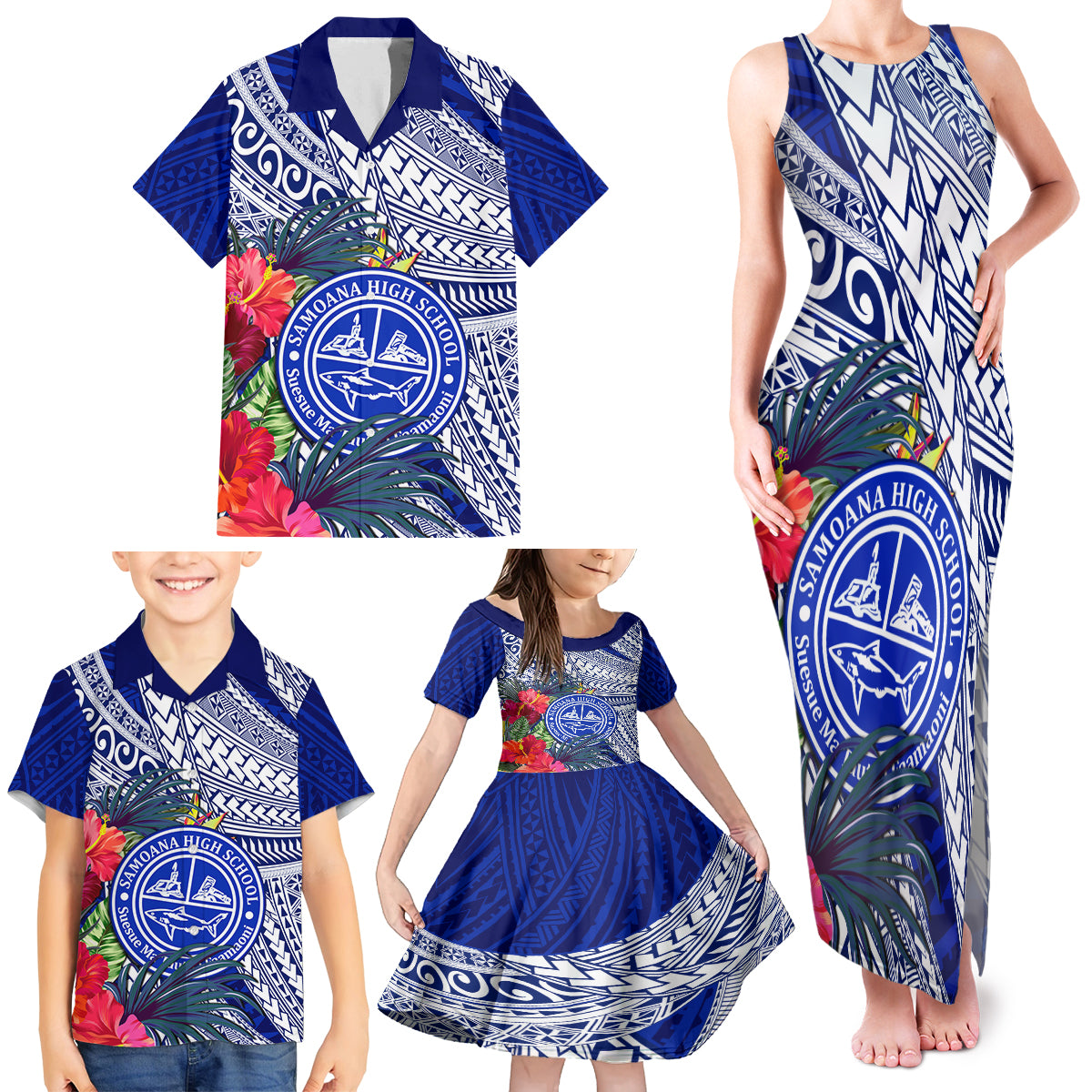Personalised Samoana High School Family Matching Tank Maxi Dress and Hawaiian Shirt American Samoa Schools Polynesian Tropical Flowers - Wonder Print Shop