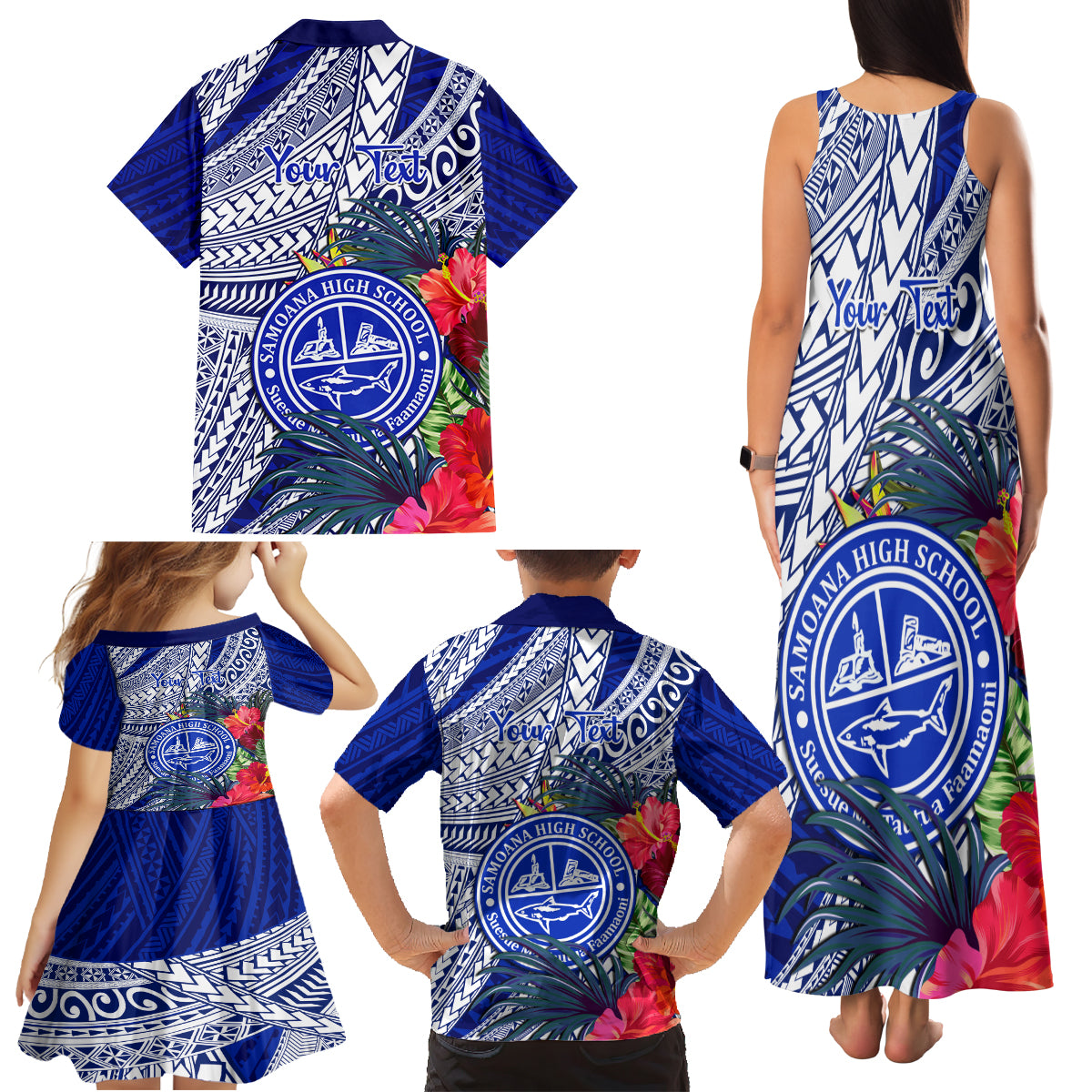 Personalised Samoana High School Family Matching Tank Maxi Dress and Hawaiian Shirt American Samoa Schools Polynesian Tropical Flowers - Wonder Print Shop