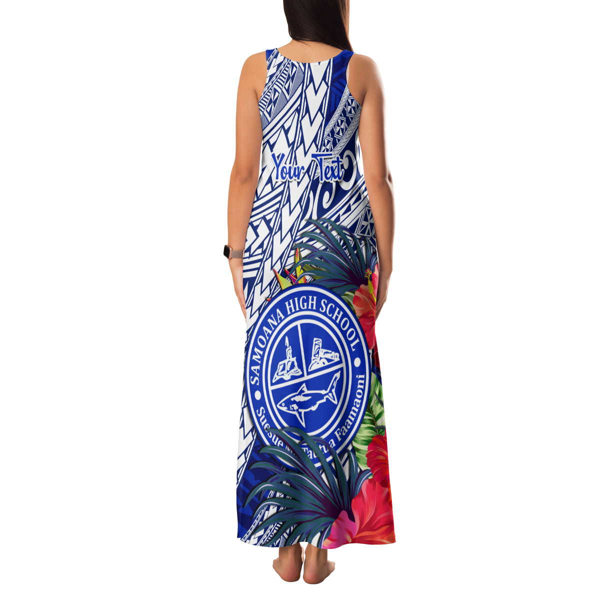 Personalised Samoana High School Family Matching Tank Maxi Dress and Hawaiian Shirt American Samoa Schools Polynesian Tropical Flowers - Wonder Print Shop