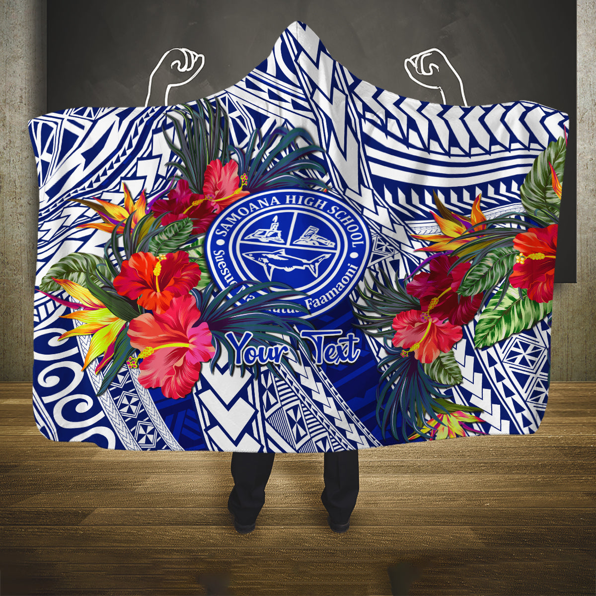 personalised-samoana-high-school-hooded-blanket-american-samoa-schools-polynesian-tropical-flowers