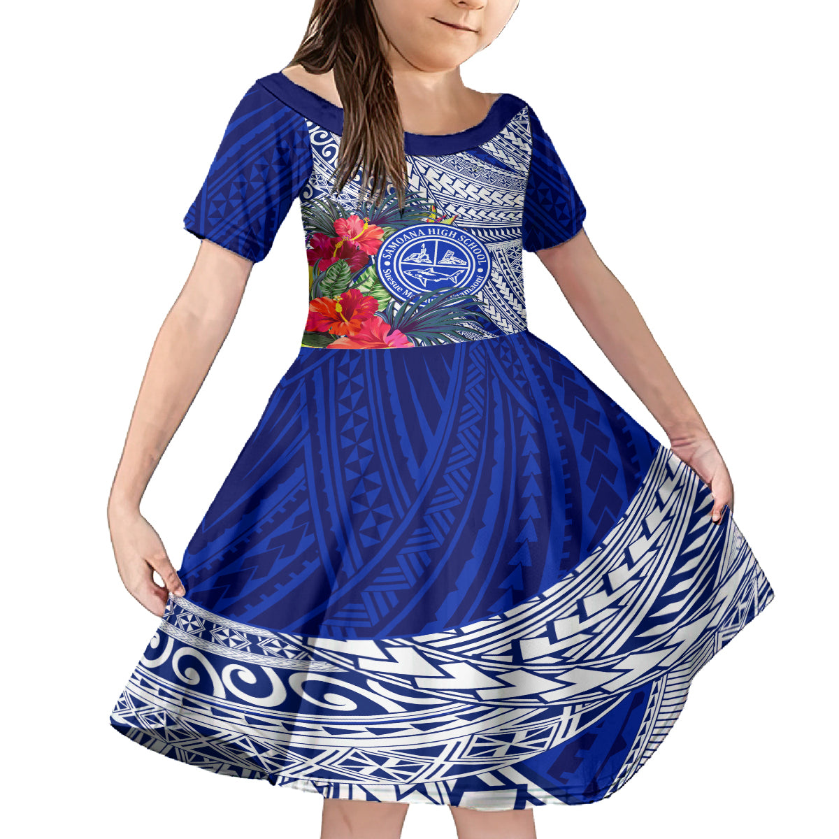 Personalised Samoana High School Kid Short Sleeve Dress American Samoa Schools Polynesian Tropical Flowers - Wonder Print Shop