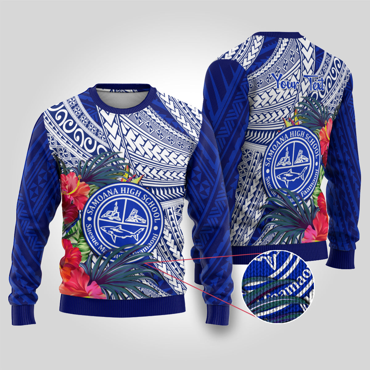 Personalised Samoana High School Ugly Christmas Sweater American Samoa Schools Polynesian Tropical Flowers - Wonder Print Shop