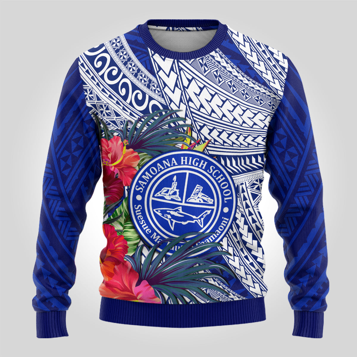 Personalised Samoana High School Ugly Christmas Sweater American Samoa Schools Polynesian Tropical Flowers - Wonder Print Shop