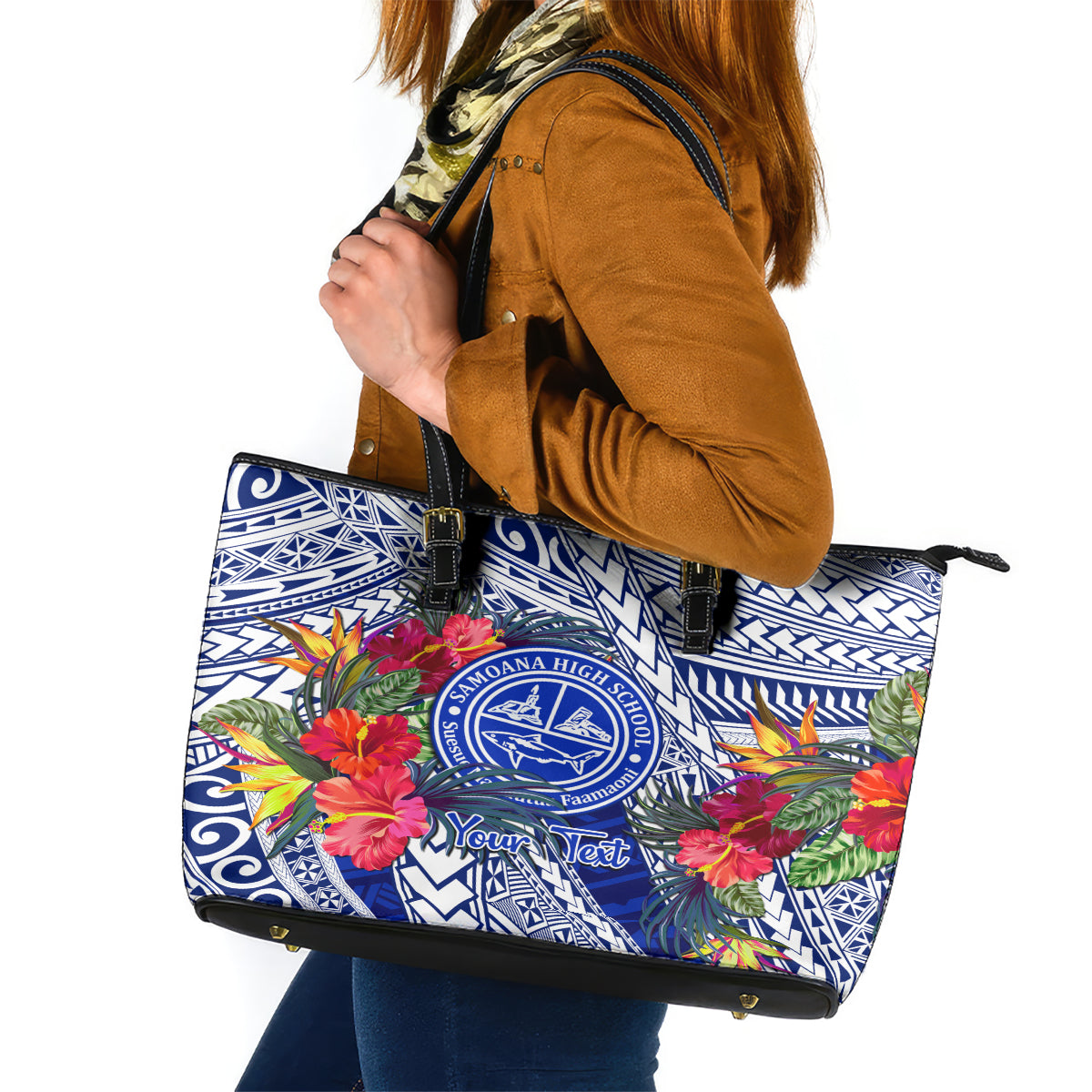 Personalised Samoana High School Leather Tote Bag American Samoa Schools Polynesian Tropical Flowers - Wonder Print Shop