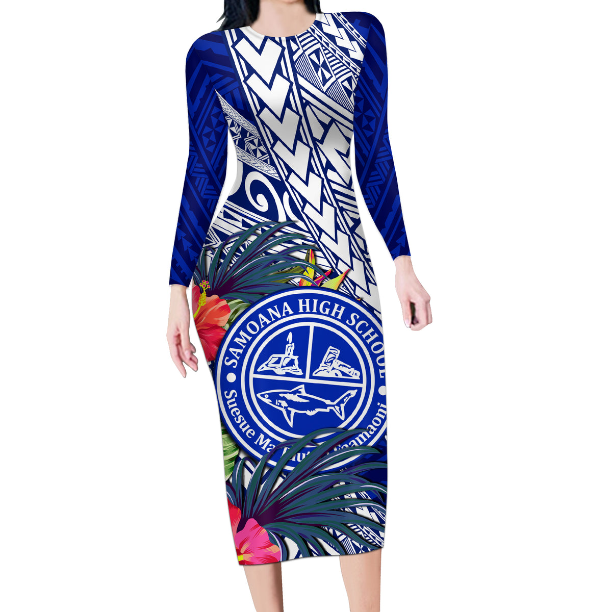 Personalised Samoana High School Long Sleeve Bodycon Dress American Samoa Schools Polynesian Tropical Flowers - Wonder Print Shop