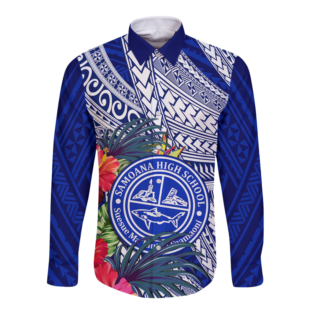 Personalised Samoana High School Long Sleeve Button Shirt American Samoa Schools Polynesian Tropical Flowers - Wonder Print Shop