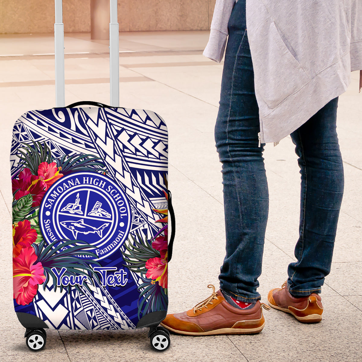 Personalised Samoana High School Luggage Cover American Samoa Schools Polynesian Tropical Flowers - Wonder Print Shop