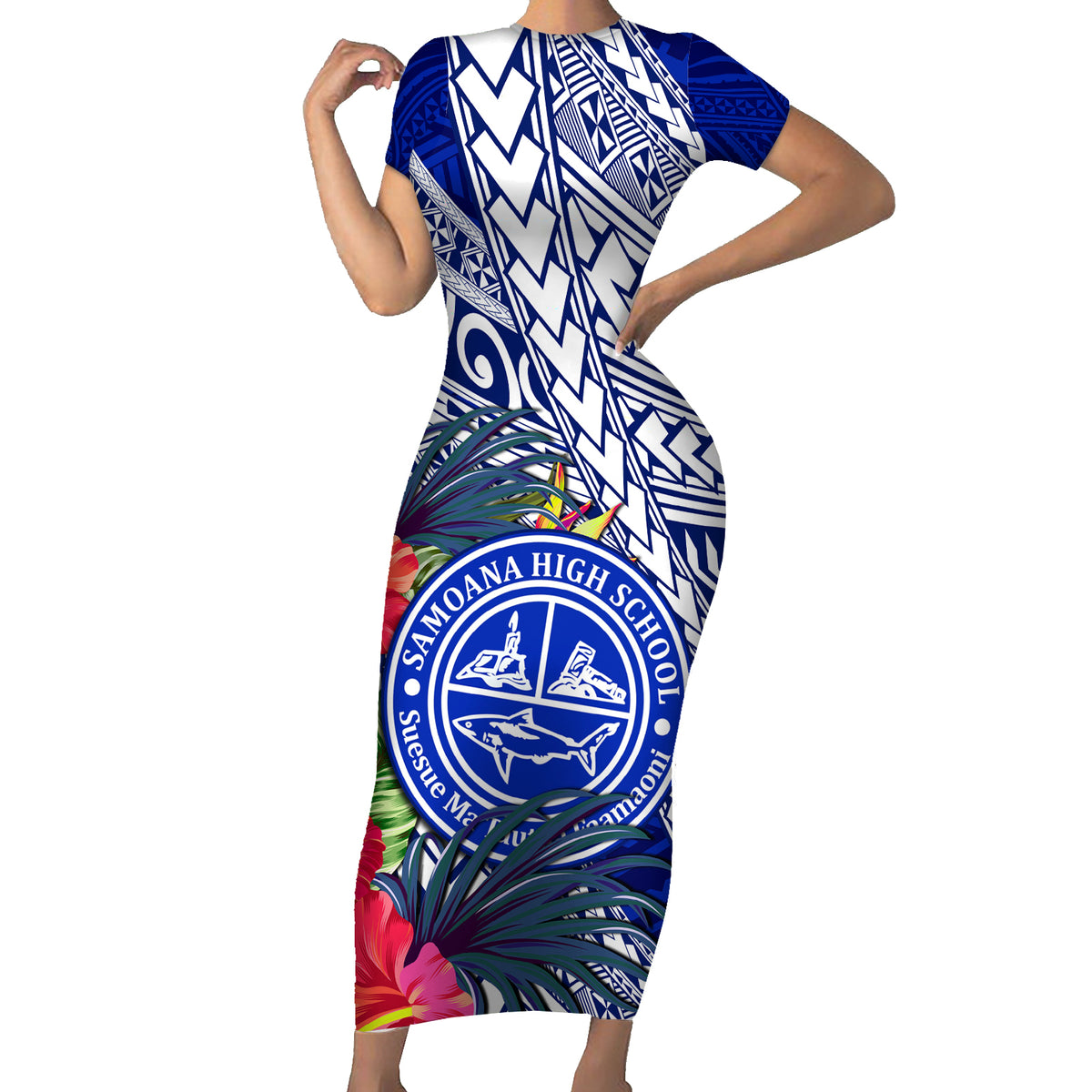 Personalised Samoana High School Short Sleeve Bodycon Dress American Samoa Schools Polynesian Tropical Flowers - Wonder Print Shop