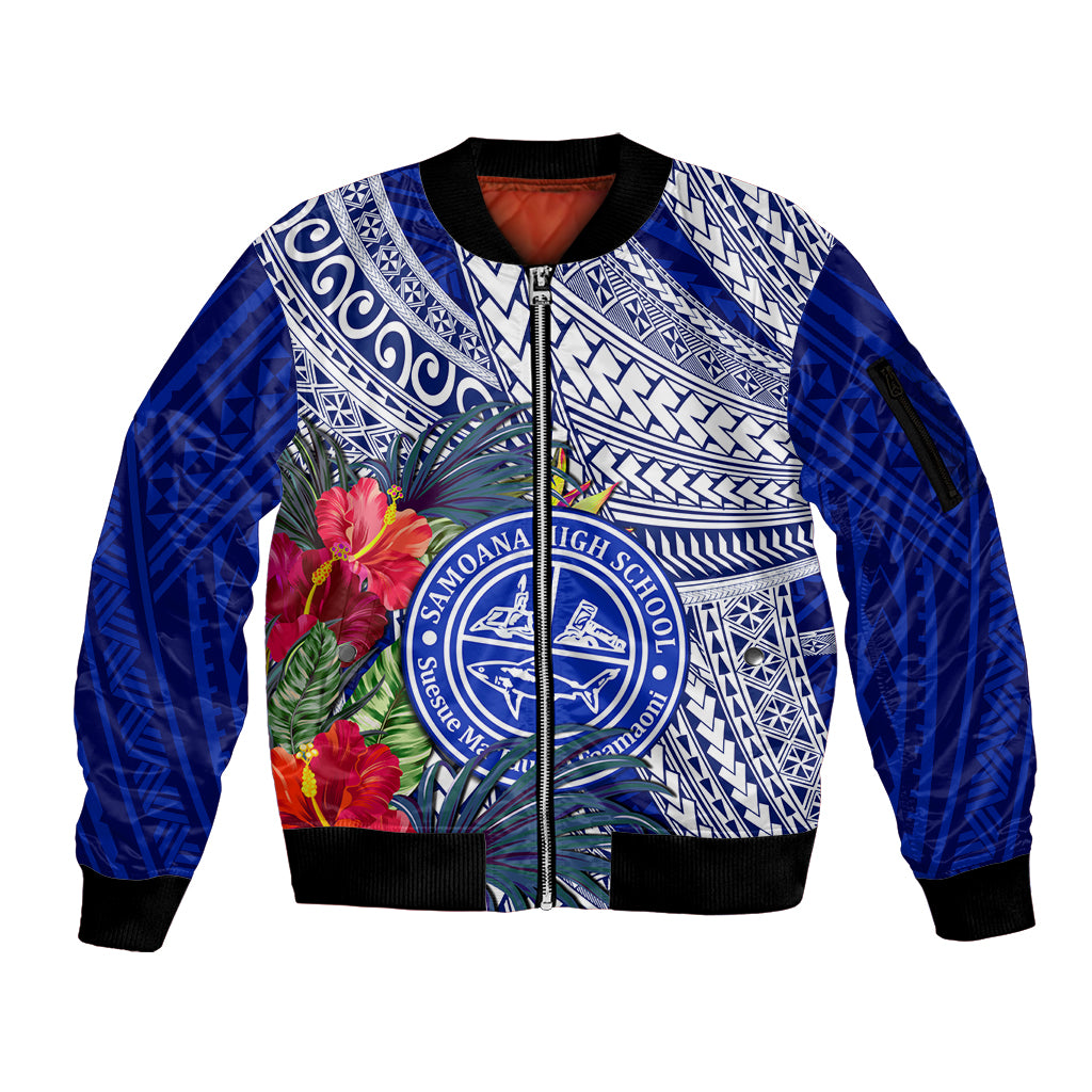 Personalised Samoana High School Sleeve Zip Bomber Jacket American Samoa Schools Polynesian Tropical Flowers - Wonder Print Shop