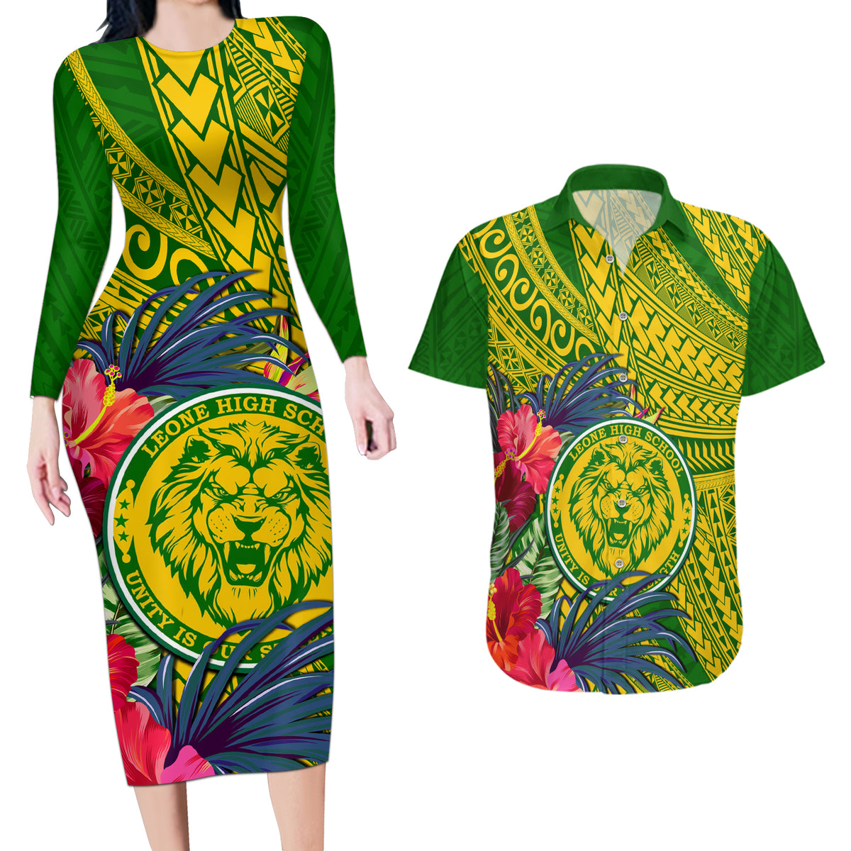 Personalised Leone High School Couples Matching Long Sleeve Bodycon Dress and Hawaiian Shirt American Samoa Schools Polynesian Tropical Flowers - Wonder Print Shop