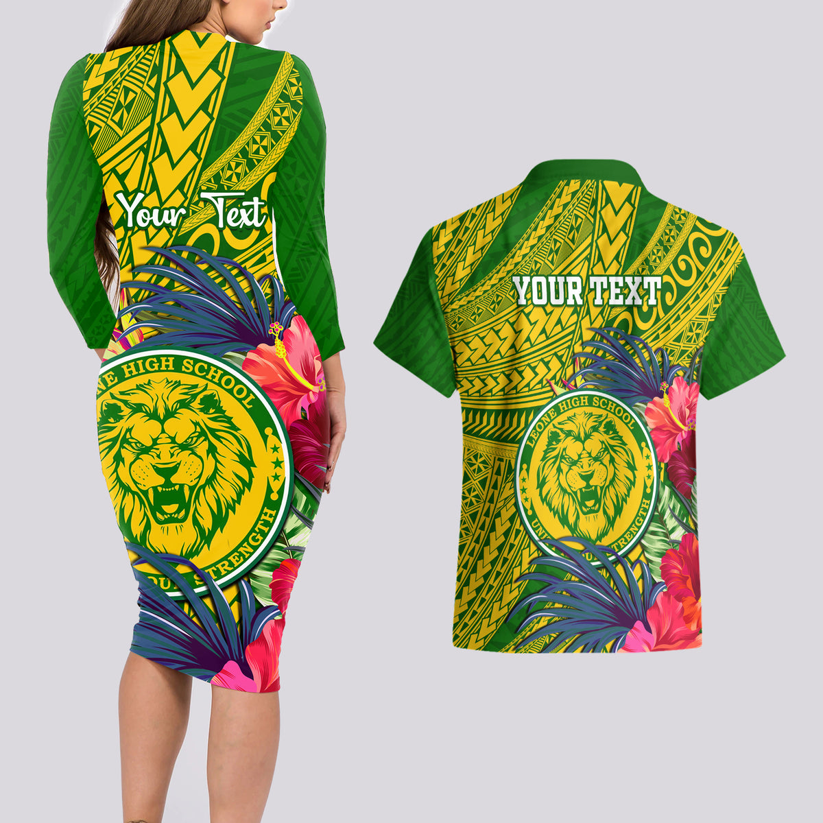 Personalised Leone High School Couples Matching Long Sleeve Bodycon Dress and Hawaiian Shirt American Samoa Schools Polynesian Tropical Flowers - Wonder Print Shop