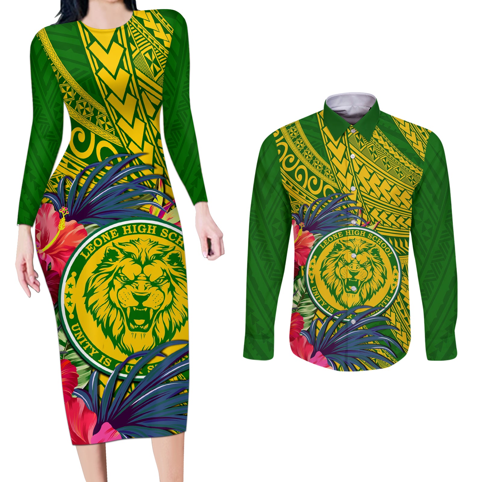 Personalised Leone High School Couples Matching Long Sleeve Bodycon Dress and Long Sleeve Button Shirt American Samoa Schools Polynesian Tropical Flowers - Wonder Print Shop