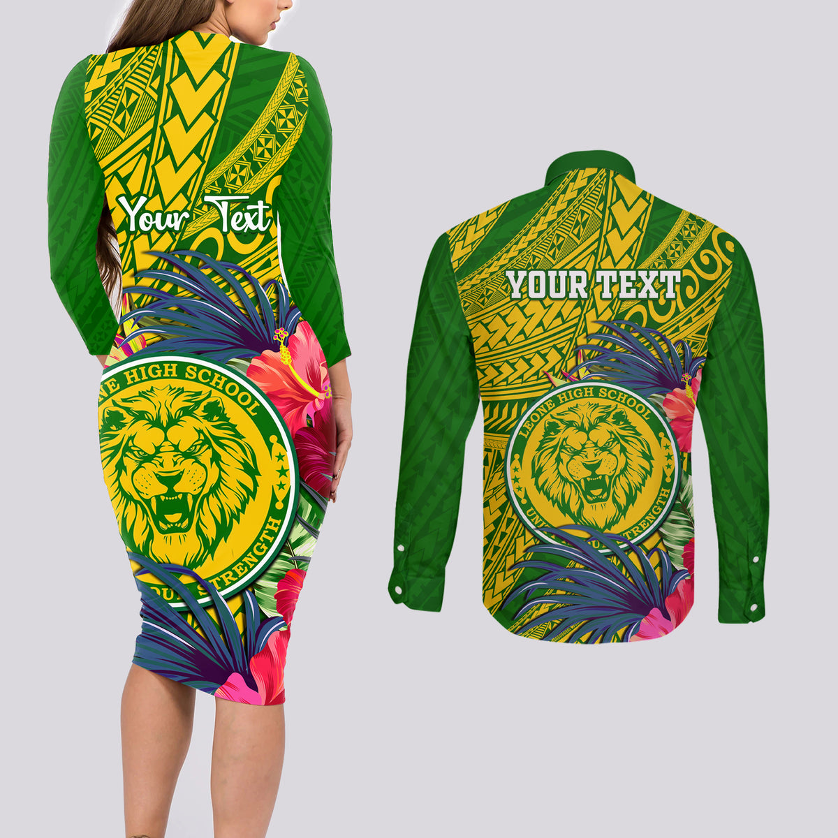 Personalised Leone High School Couples Matching Long Sleeve Bodycon Dress and Long Sleeve Button Shirt American Samoa Schools Polynesian Tropical Flowers - Wonder Print Shop