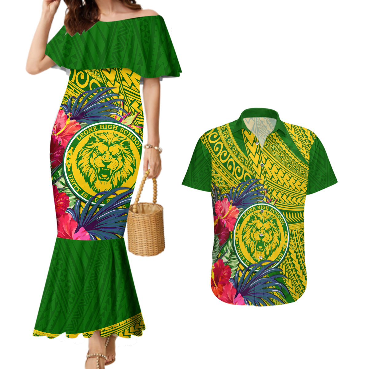 Personalised Leone High School Couples Matching Mermaid Dress and Hawaiian Shirt American Samoa Schools Polynesian Tropical Flowers - Wonder Print Shop