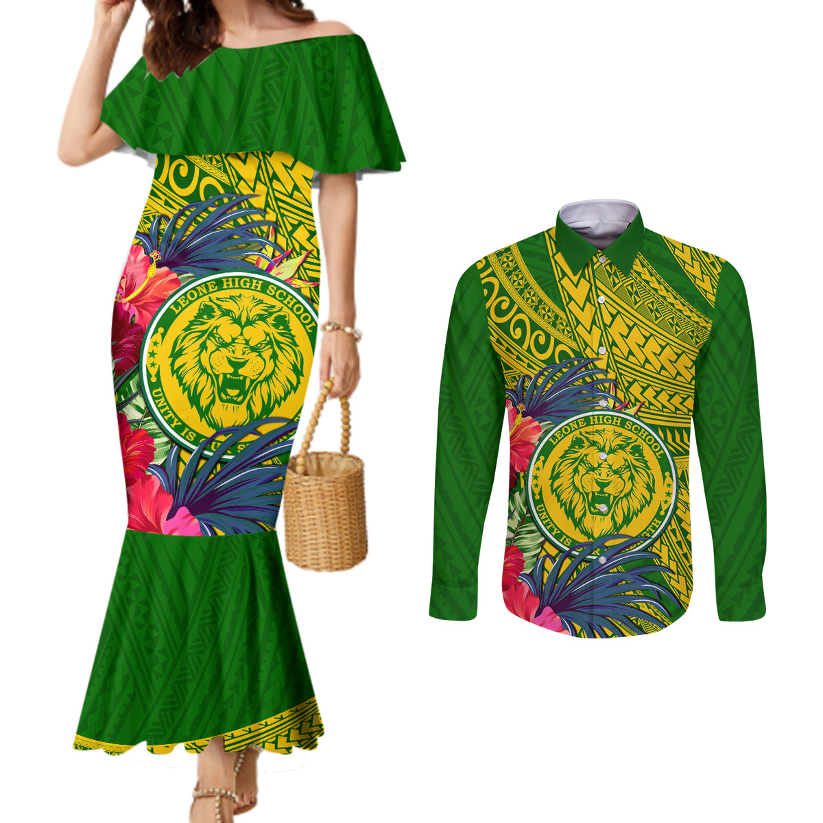 personalised-leone-high-school-couples-matching-mermaid-dress-and-long-sleeve-button-shirt-american-samoa-schools-polynesian-tropical-flowers