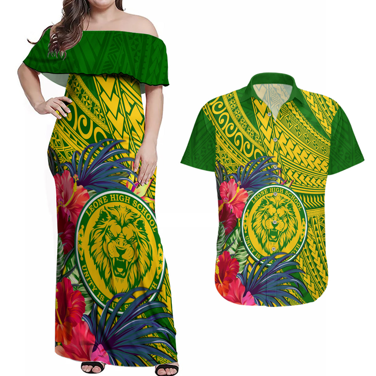 Personalised Leone High School Couples Matching Off Shoulder Maxi Dress and Hawaiian Shirt American Samoa Schools Polynesian Tropical Flowers - Wonder Print Shop