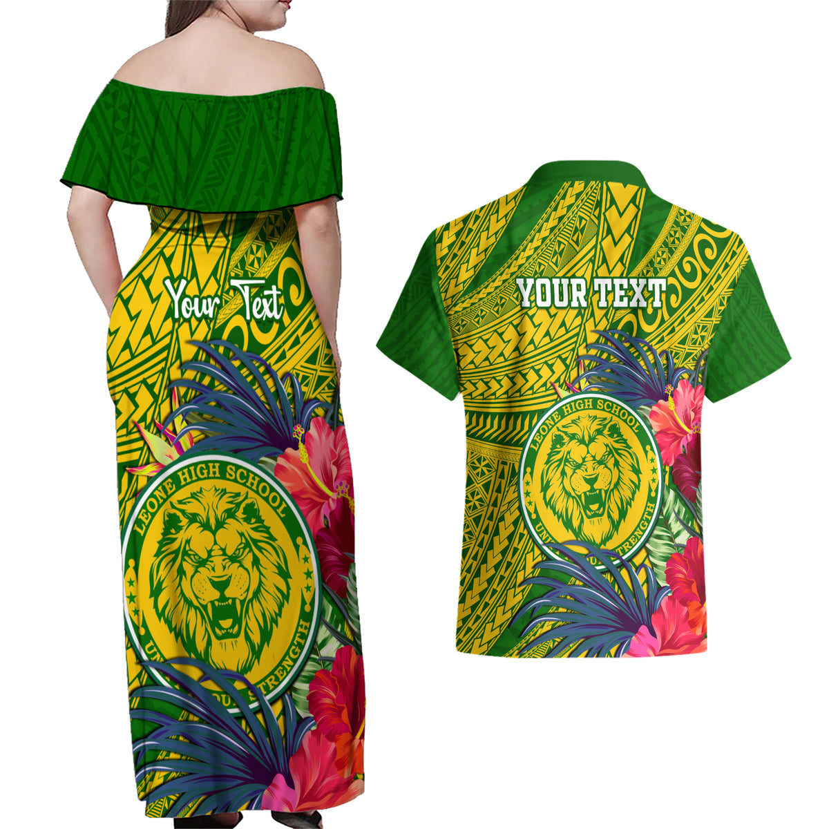 Personalised Leone High School Couples Matching Off Shoulder Maxi Dress and Hawaiian Shirt American Samoa Schools Polynesian Tropical Flowers - Wonder Print Shop