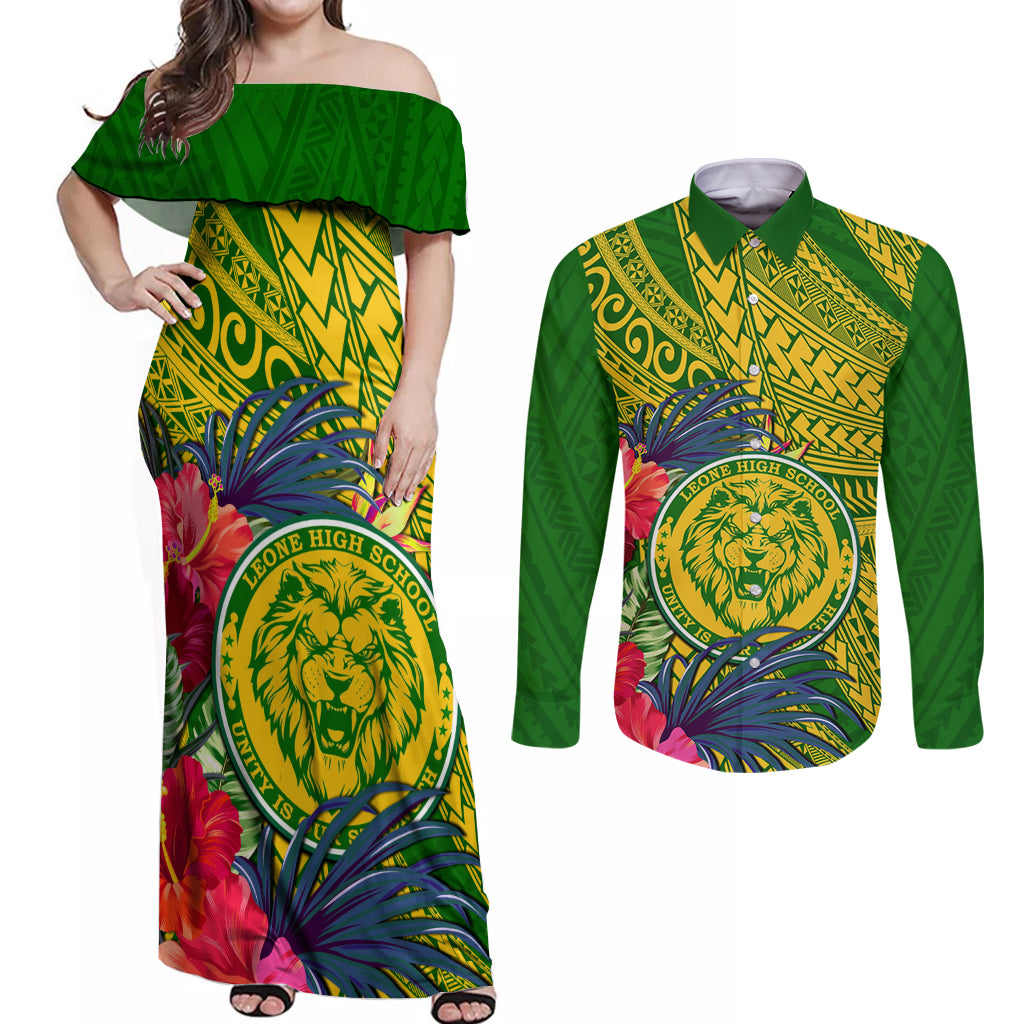 Personalised Leone High School Couples Matching Off Shoulder Maxi Dress and Long Sleeve Button Shirt American Samoa Schools Polynesian Tropical Flowers - Wonder Print Shop