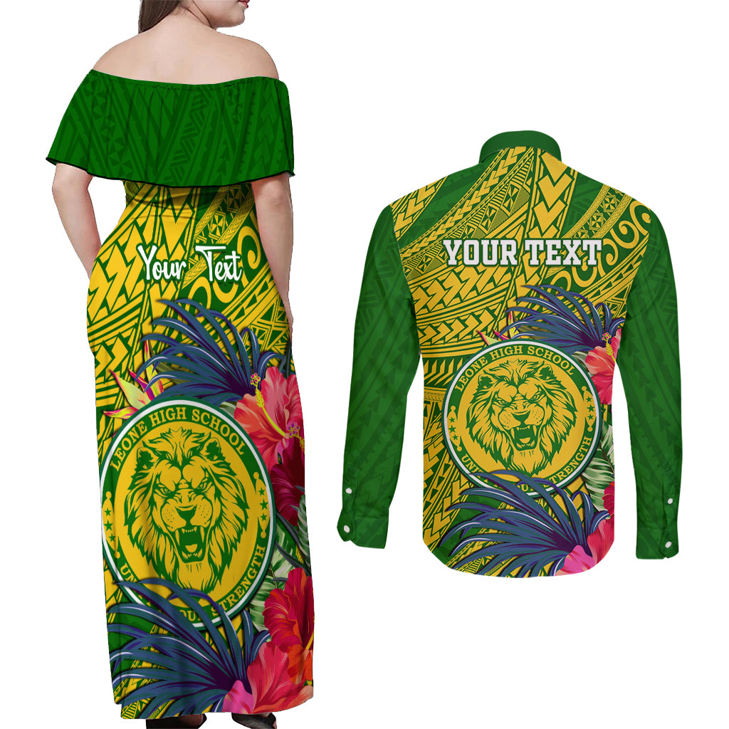 Personalised Leone High School Couples Matching Off Shoulder Maxi Dress and Long Sleeve Button Shirt American Samoa Schools Polynesian Tropical Flowers - Wonder Print Shop