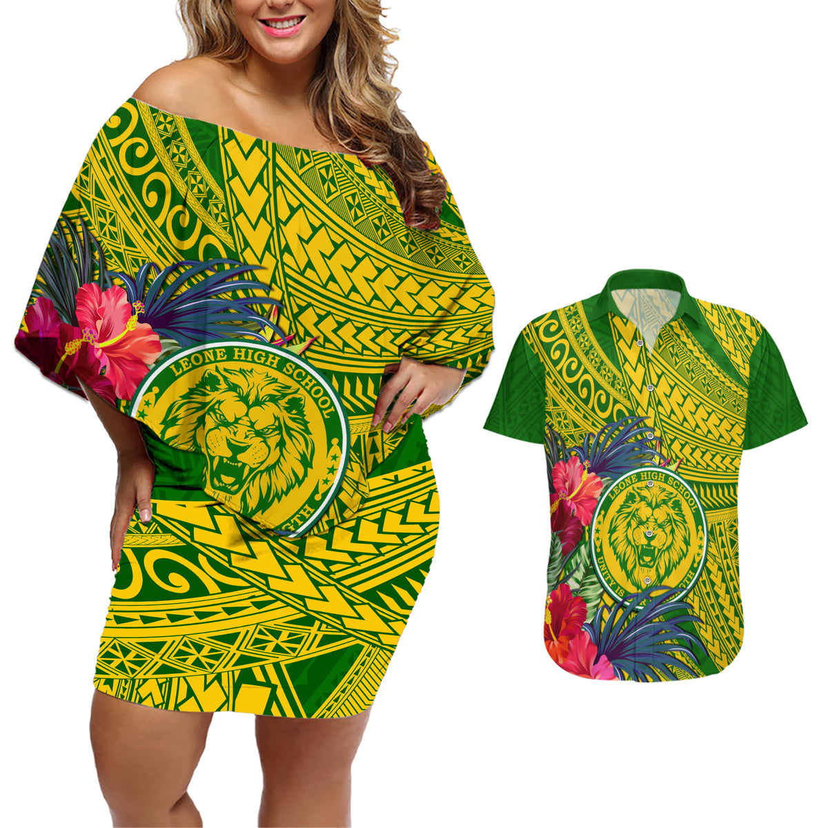 Personalised Leone High School Couples Matching Off Shoulder Short Dress and Hawaiian Shirt American Samoa Schools Polynesian Tropical Flowers - Wonder Print Shop