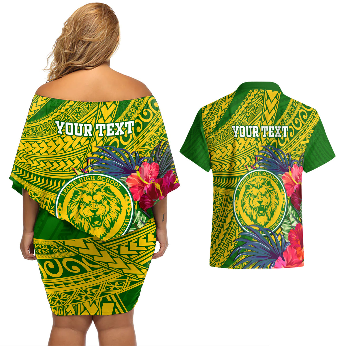 Personalised Leone High School Couples Matching Off Shoulder Short Dress and Hawaiian Shirt American Samoa Schools Polynesian Tropical Flowers - Wonder Print Shop