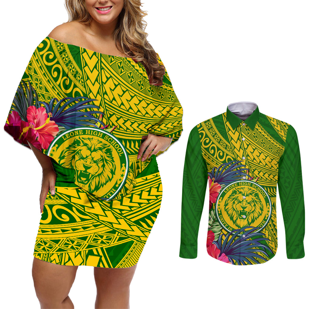 Personalised Leone High School Couples Matching Off Shoulder Short Dress and Long Sleeve Button Shirt American Samoa Schools Polynesian Tropical Flowers - Wonder Print Shop