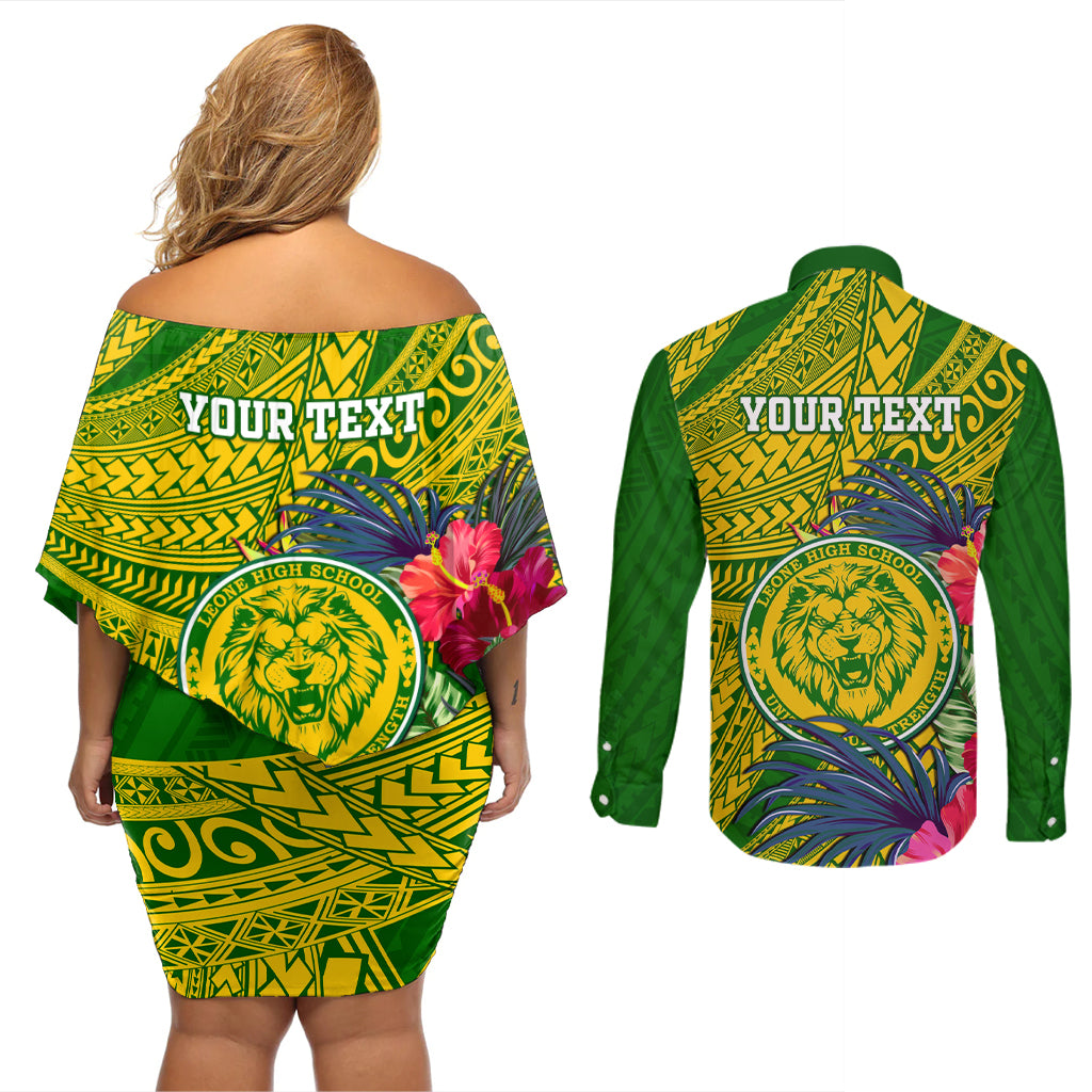 Personalised Leone High School Couples Matching Off Shoulder Short Dress and Long Sleeve Button Shirt American Samoa Schools Polynesian Tropical Flowers - Wonder Print Shop