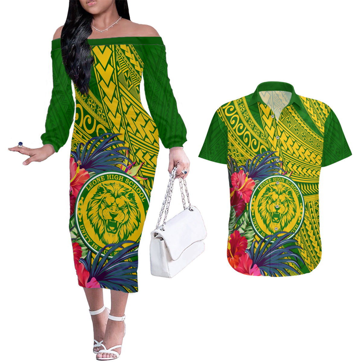 Personalised Leone High School Couples Matching Off The Shoulder Long Sleeve Dress and Hawaiian Shirt American Samoa Schools Polynesian Tropical Flowers - Wonder Print Shop