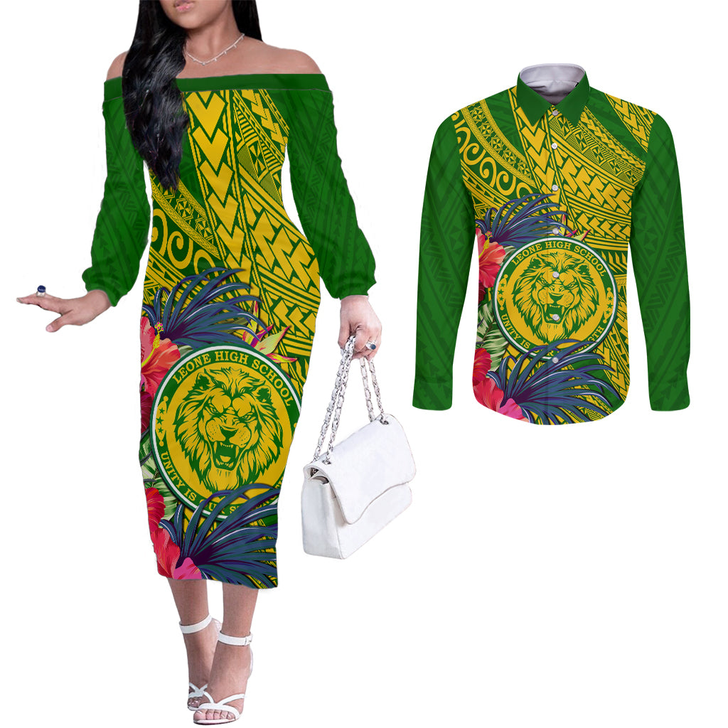 personalised-leone-high-school-couples-matching-off-the-shoulder-long-sleeve-dress-and-long-sleeve-button-shirt-american-samoa-schools-polynesian-tropical-flowers