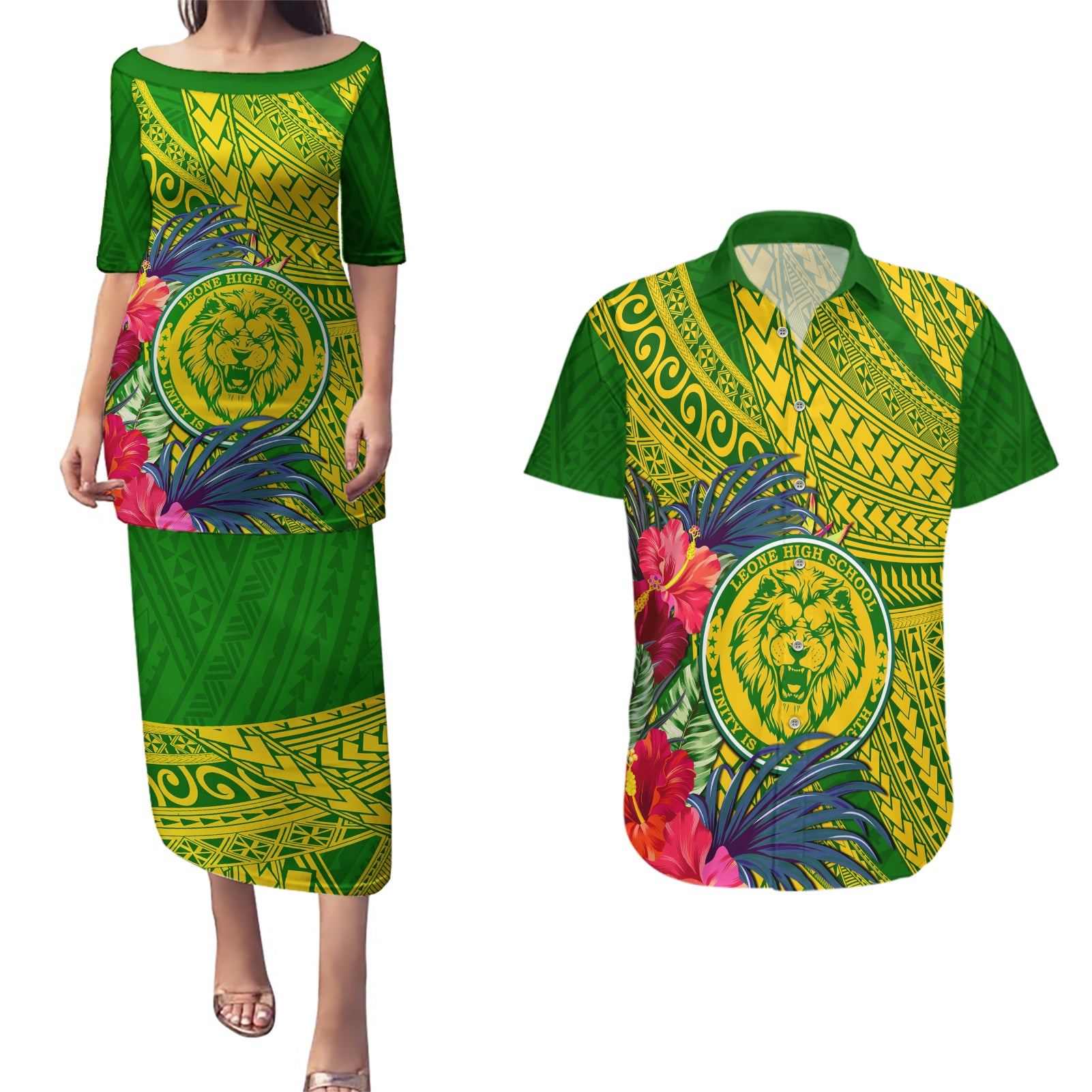 Personalised Leone High School Couples Matching Puletasi Dress and Hawaiian Shirt American Samoa Schools Polynesian Tropical Flowers - Wonder Print Shop