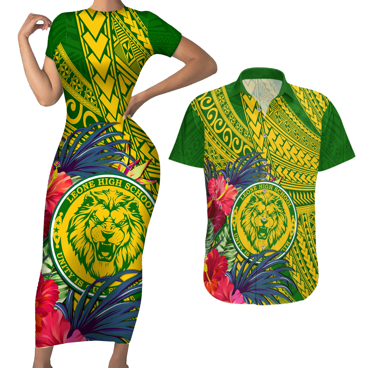 Personalised Leone High School Couples Matching Short Sleeve Bodycon Dress and Hawaiian Shirt American Samoa Schools Polynesian Tropical Flowers - Wonder Print Shop