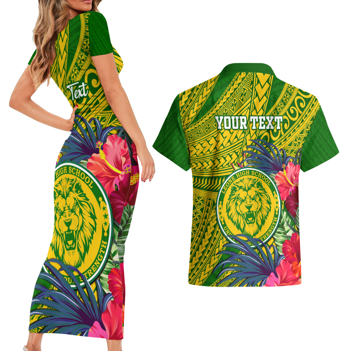 Personalised Leone High School Couples Matching Short Sleeve Bodycon Dress and Hawaiian Shirt American Samoa Schools Polynesian Tropical Flowers - Wonder Print Shop