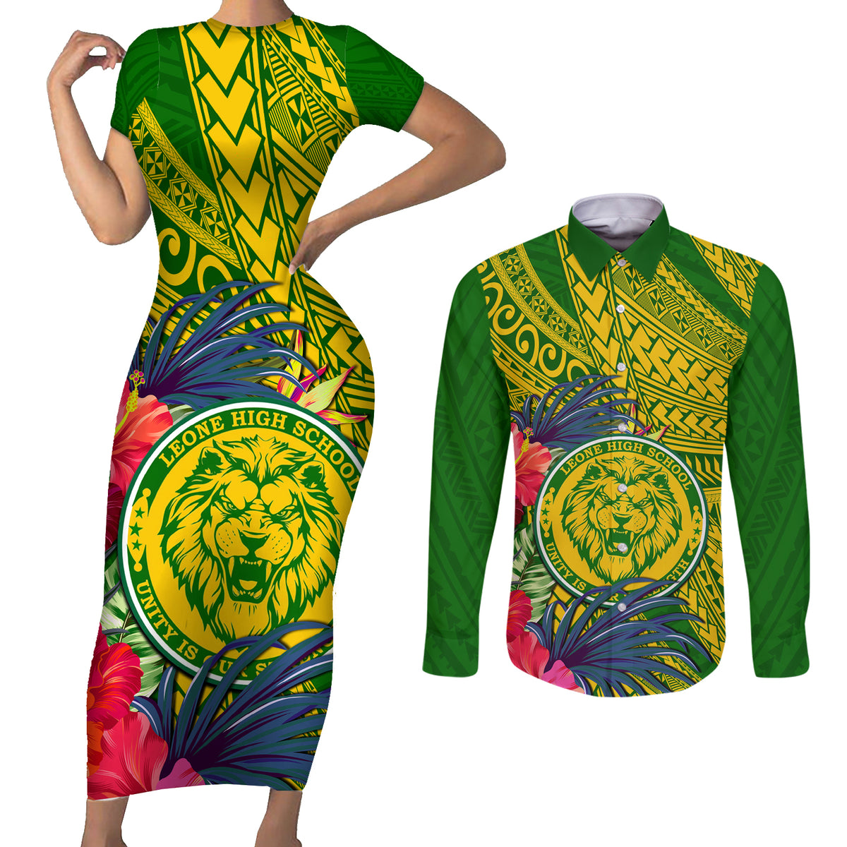 Personalised Leone High School Couples Matching Short Sleeve Bodycon Dress and Long Sleeve Button Shirt American Samoa Schools Polynesian Tropical Flowers - Wonder Print Shop