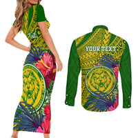 Personalised Leone High School Couples Matching Short Sleeve Bodycon Dress and Long Sleeve Button Shirt American Samoa Schools Polynesian Tropical Flowers - Wonder Print Shop