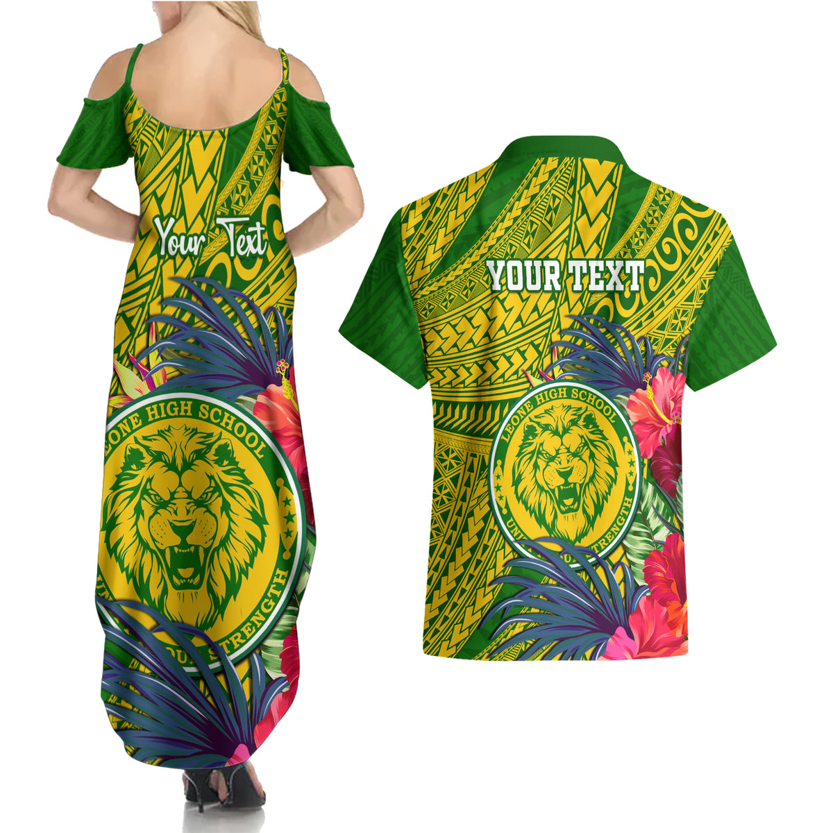 Personalised Leone High School Couples Matching Summer Maxi Dress and Hawaiian Shirt American Samoa Schools Polynesian Tropical Flowers - Wonder Print Shop