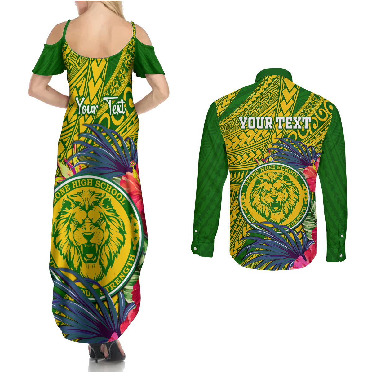 Personalised Leone High School Couples Matching Summer Maxi Dress and Long Sleeve Button Shirt American Samoa Schools Polynesian Tropical Flowers - Wonder Print Shop