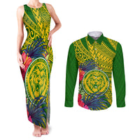Personalised Leone High School Couples Matching Tank Maxi Dress and Long Sleeve Button Shirt American Samoa Schools Polynesian Tropical Flowers - Wonder Print Shop