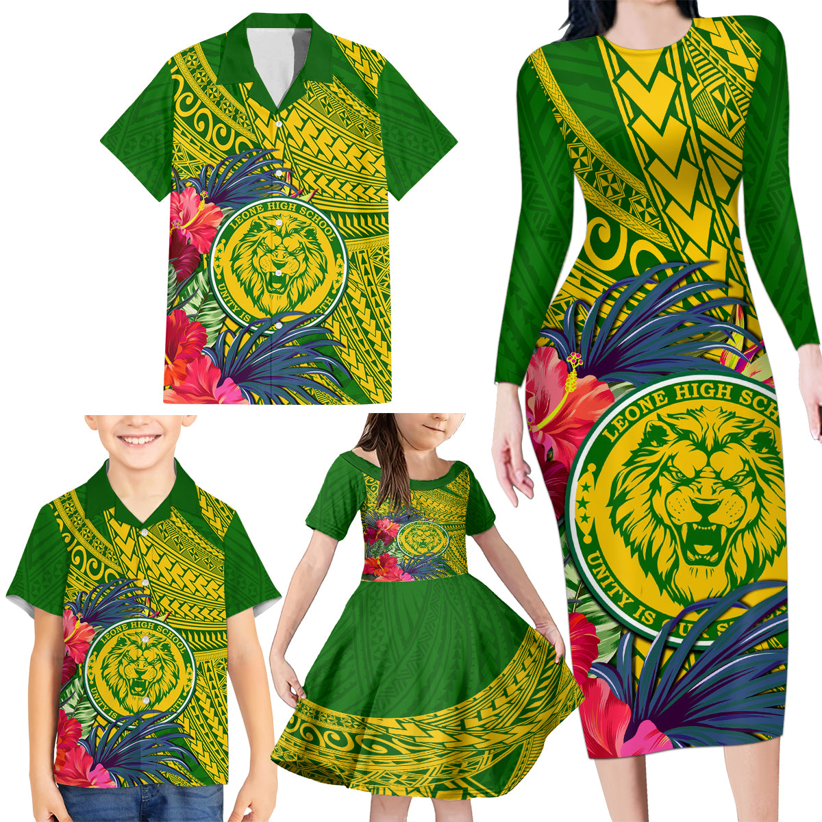 Personalised Leone High School Family Matching Long Sleeve Bodycon Dress and Hawaiian Shirt American Samoa Schools Polynesian Tropical Flowers - Wonder Print Shop
