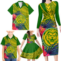 Personalised Leone High School Family Matching Long Sleeve Bodycon Dress and Hawaiian Shirt American Samoa Schools Polynesian Tropical Flowers - Wonder Print Shop