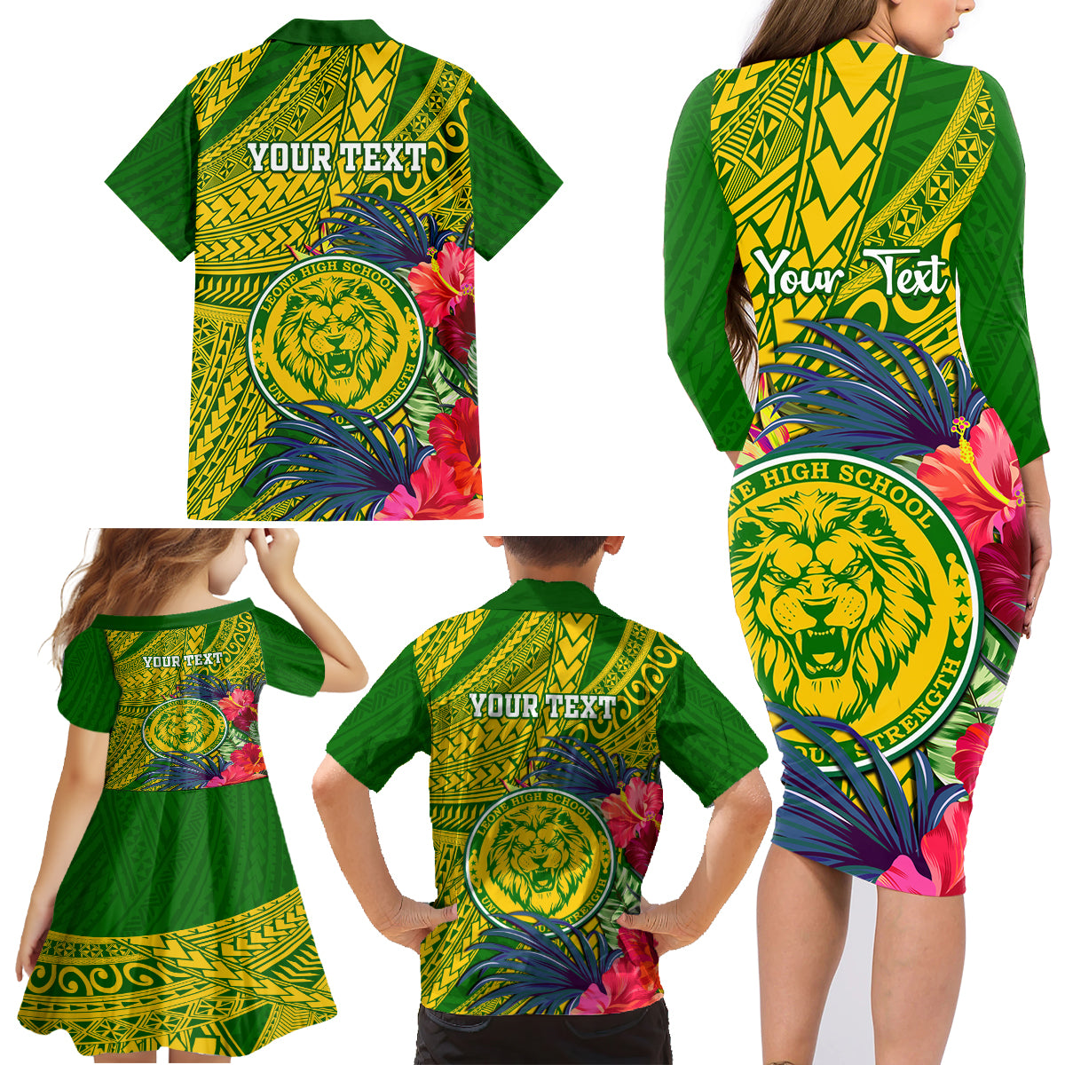 Personalised Leone High School Family Matching Long Sleeve Bodycon Dress and Hawaiian Shirt American Samoa Schools Polynesian Tropical Flowers - Wonder Print Shop